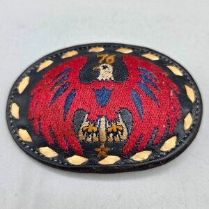 1976 Tony Lama Leather Oval Belt Buckle Embroidered Eagle Patriotic Signed